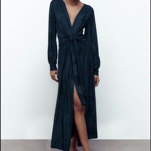 Zara Navy blue jacquard maxi wrap dress